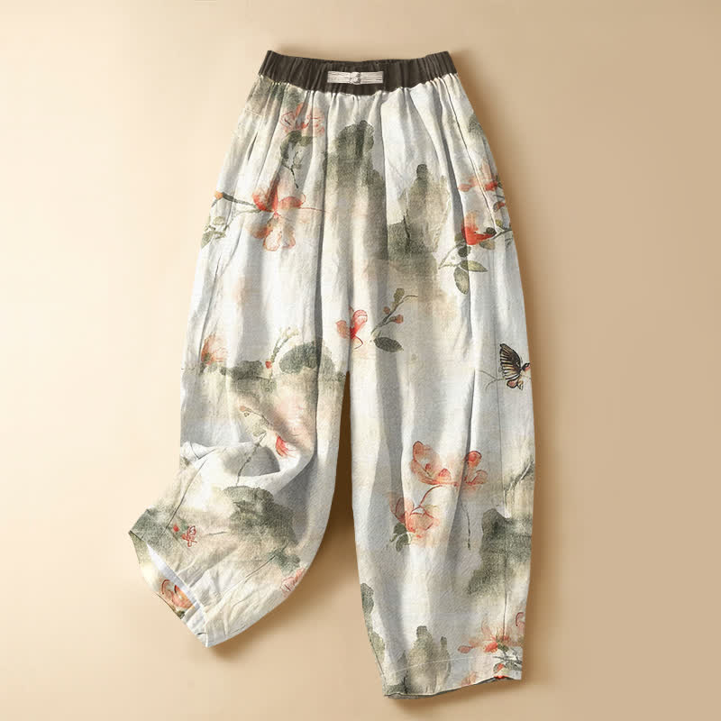 Buddha Stones Pure Cotton Watercolor Floral Butterfly Pattern Frog Button Women's Elastic Waist Harem Pants With Pockets - Ivory - US16，UK/AU20，EU48 (3XL) - image 0