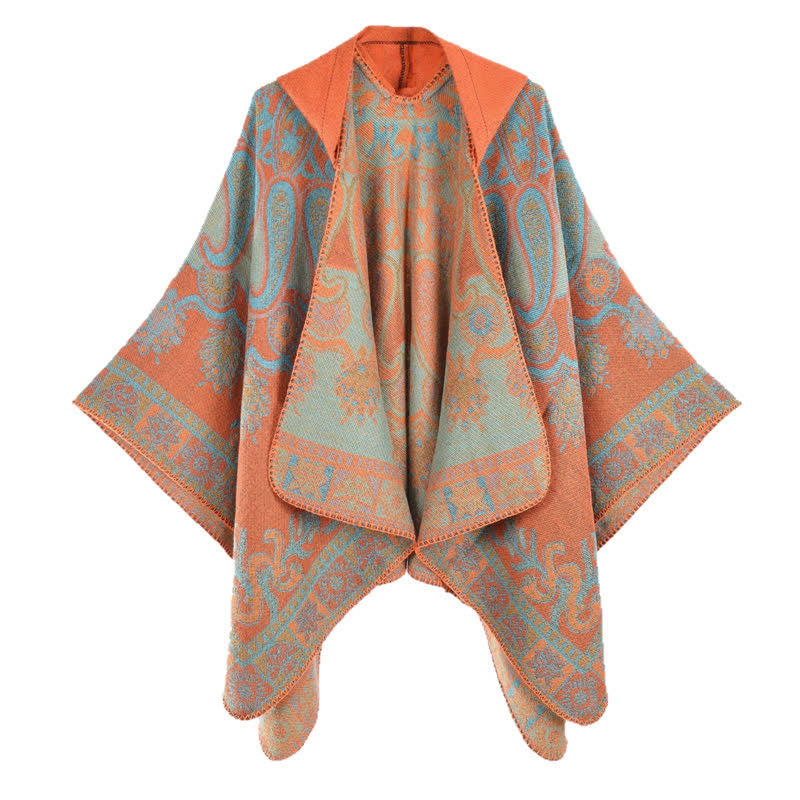 Buddha Stones Fall Winter Hooded Paisley Geometric Boho Poncho Style Shawl - image 3