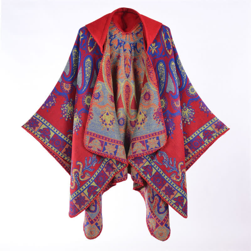Buddha Stones Fall Winter Hooded Paisley Geometric Boho Poncho Style Shawl - image 15