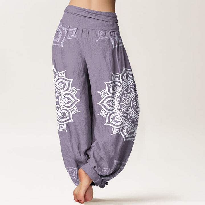 Buddha Stones Pure Cotton White Mandala Floral Pattern Women's Elastic Waist Harem Pants - image 6