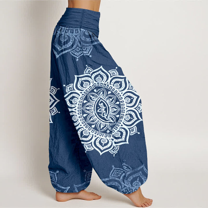 Buddha Stones Pure Cotton White Mandala Floral Pattern Women's Elastic Waist Harem Pants - image 10