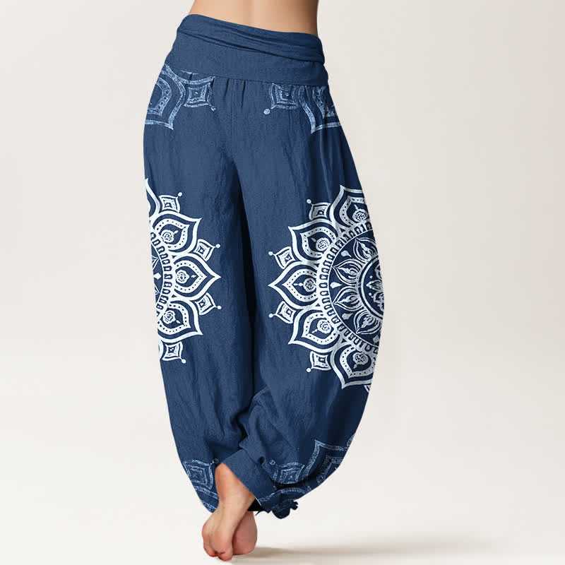 Buddha Stones Pure Cotton White Mandala Floral Pattern Women's Elastic Waist Harem Pants - image 9