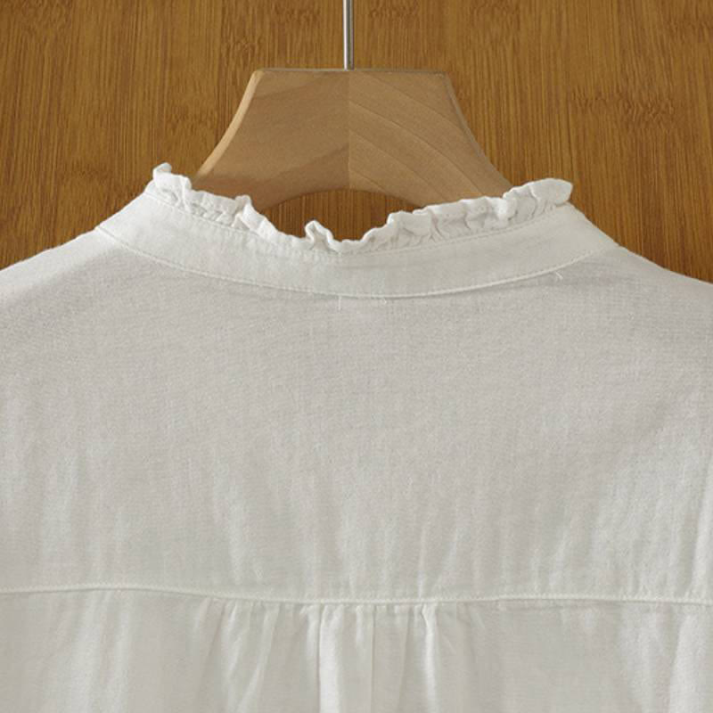 Buddha Stones Fall Vintage Elegant Button-Up Pleats Solid Cotton Women's Long Sleeve Shirts - image 11