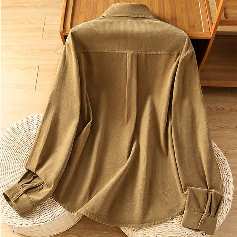 Buddha Stones Fall Winter Vintage Button-Up Solid Corduroy Women's Long Sleeve Shirts With Pocket - image 1