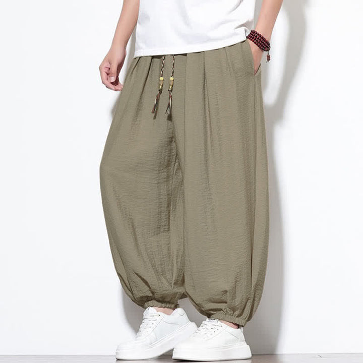 Buddha Stones Summer Casual Boho Drawstring Solid Cropped Pants Men's Harem Pants With Pocket - image 33