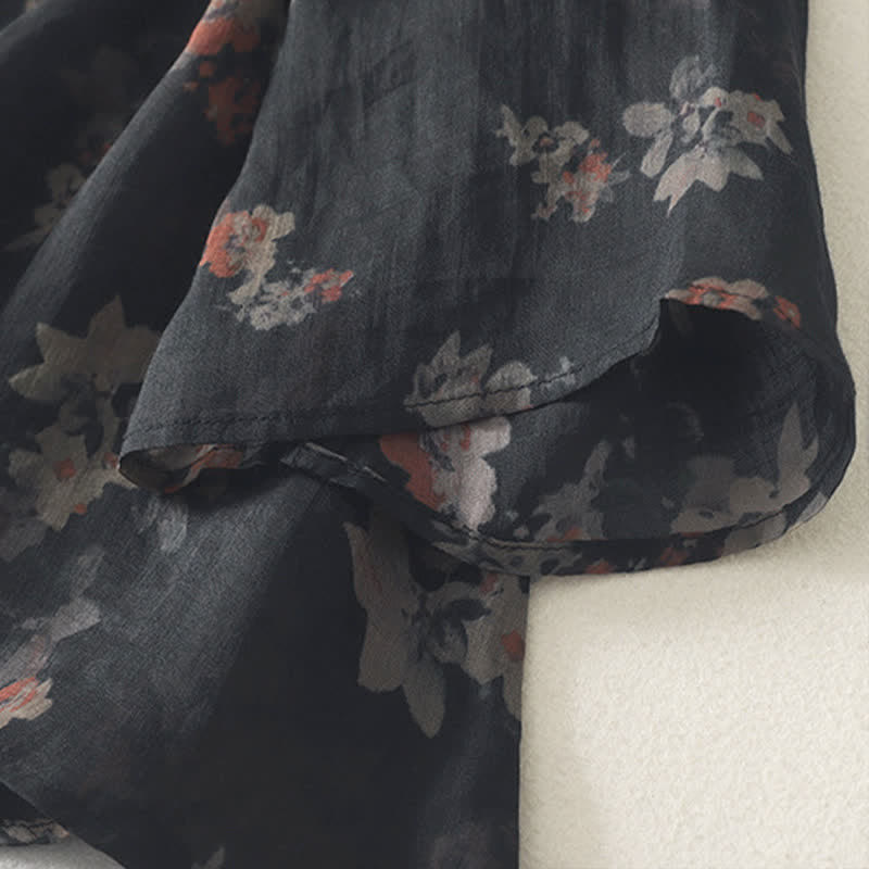 Buddha Stones Summer Tang Style Vintage Frog Button V-Neck Floral Women's Elbow-Length Sleeve Shirts - image 3