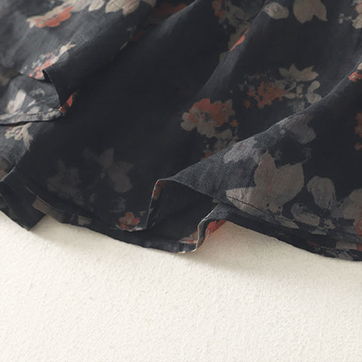 Buddha Stones Summer Tang Style Vintage Frog Button V-Neck Floral Women's Elbow-Length Sleeve Shirts - image 4