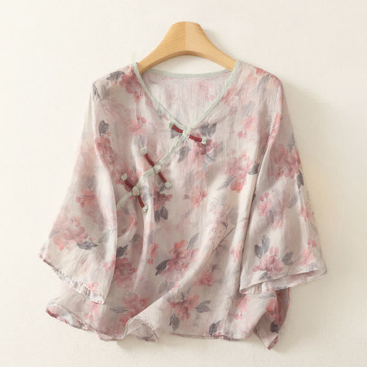 Buddha Stones Summer Tang Style Vintage Frog Button V-Neck Floral Women's Elbow-Length Sleeve Shirts - Beige - US12, UK/AU16, EU44 (3XL) - image 5