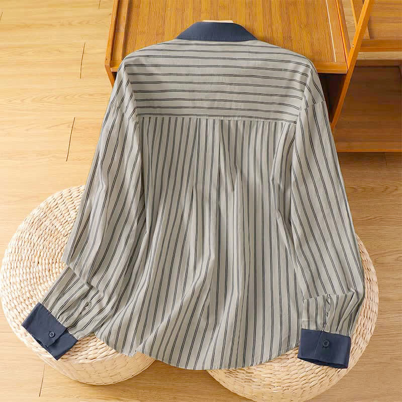 Buddha Stones Spring Summer Casual Minimalist Button-Up Striped Contrast Trim Women's Long Sleeve Shirts With Patch Pocket - image 2