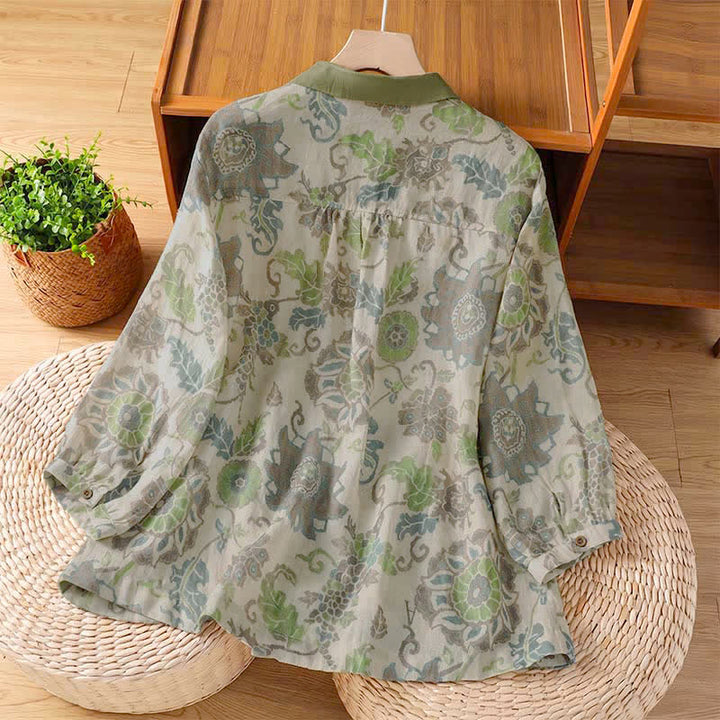 Buddha Stones Spring Summer Casual Vintage Button-Up Floral Women's Long Sleeve Shirts With Pocket - image 1