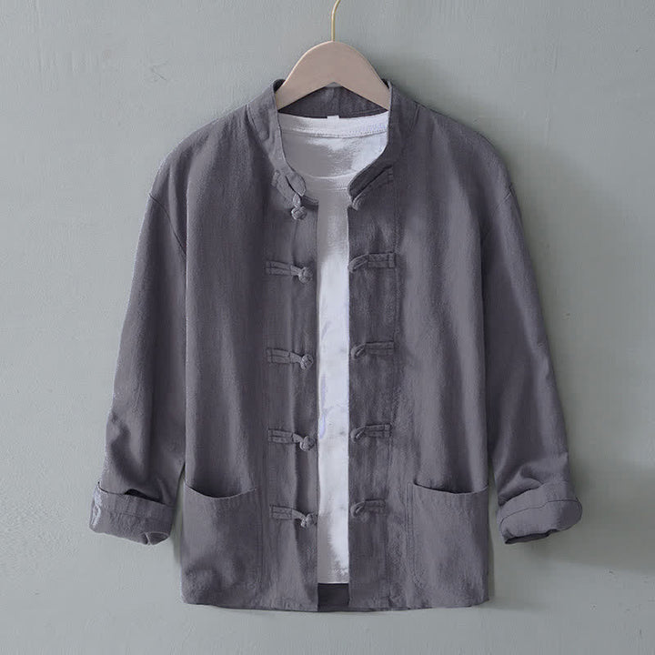 Buddha Stones Frog-Button Chinese Tang Suit Cotton Linen Men Shirt With Pockets - Gray - US/UK/AU50，EU60 (5XL) - image 0