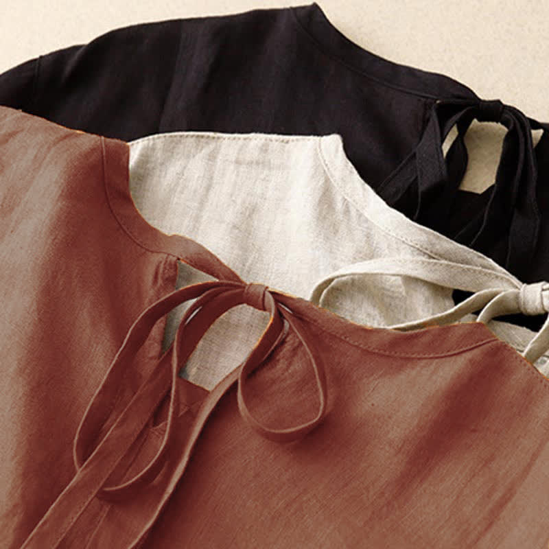Buddha Stones Casual Short Sleeve Bowknot Tie Straps Women's Midi Dress With Pockets - image 25