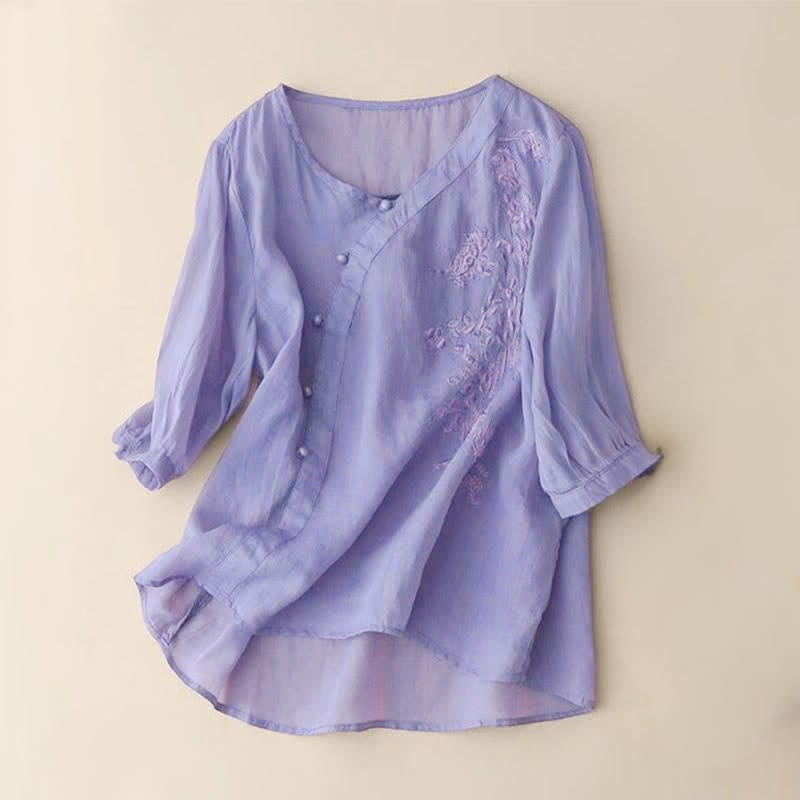 Buddha Stones Casual Loose Flower Embroidery Frog Button Short Sleeve Women's Shirt - MediumPurple - US14，UK/AU18，EU46 (4XL) - image 2
