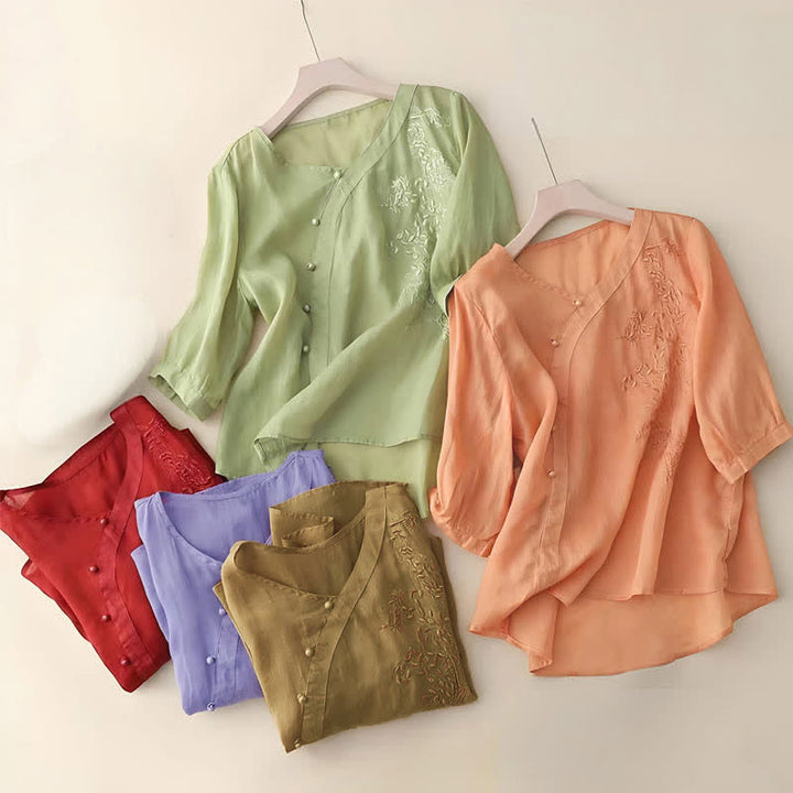 Buddha Stones Casual Loose Flower Embroidery Frog Button Short Sleeve Women's Shirt - image 9