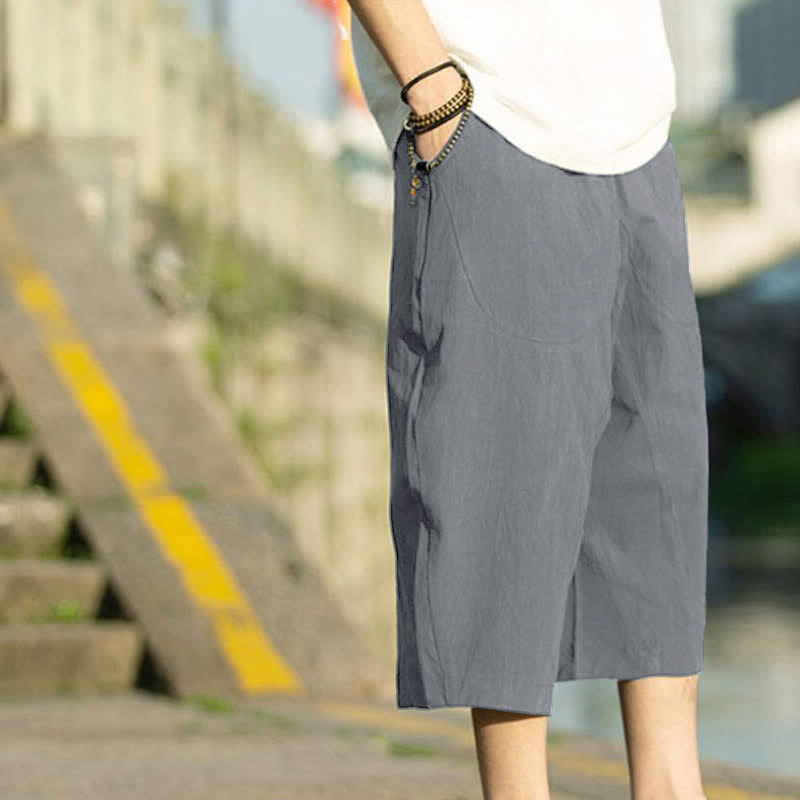 Buddha Stones Summer Plain Pleat Design Drawstring Men's 7-8 Length Pants With Pockets - image 2