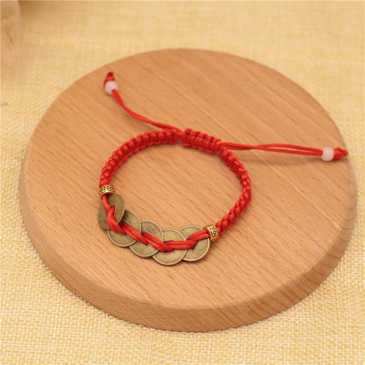 Buddha Stones Copper Coin Fortune Red String Weave Bracelet - Five Copper Coins(Bracelet Size 14-20cm) - image 5