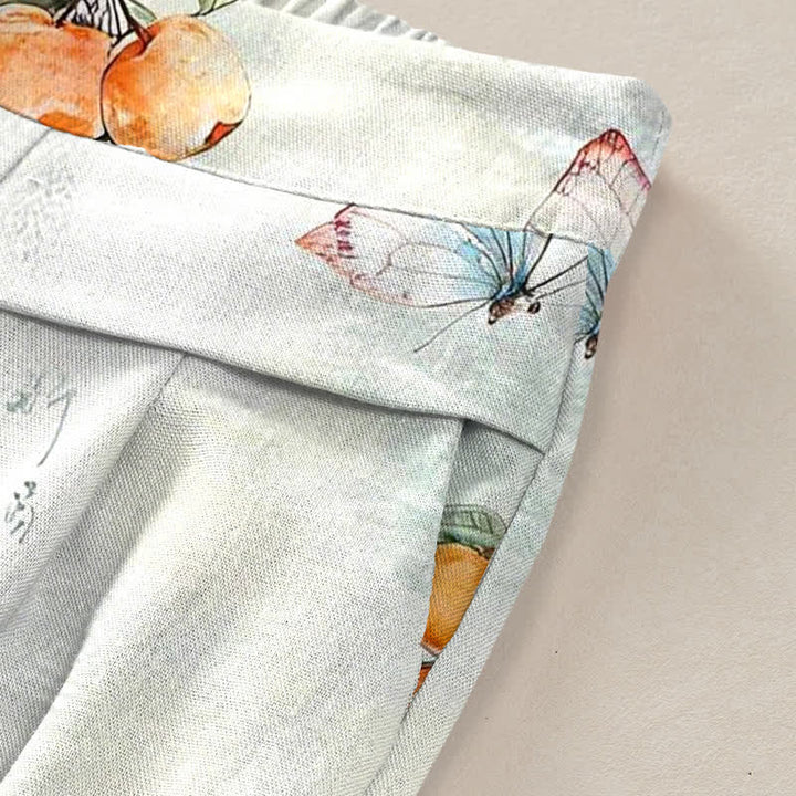 Buddha Stones Cotton Linen Vintage Citrus Garden Butterfly Pattern Women's Elastic Waist Wide Leg Pants With Pockets - image 2