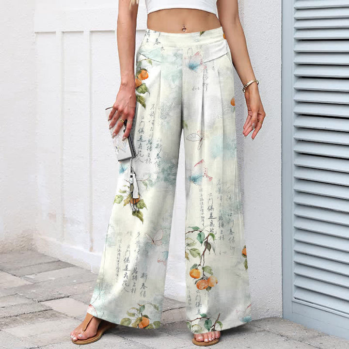 Buddha Stones Cotton Linen Vintage Citrus Garden Butterfly Pattern Women's Elastic Waist Wide Leg Pants With Pockets - image 1