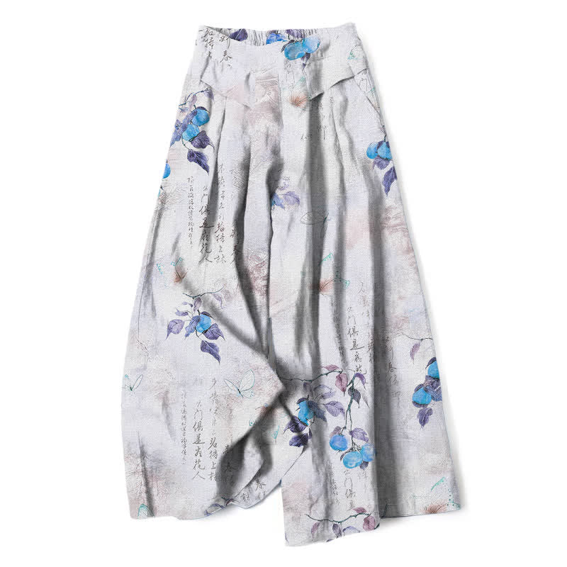Buddha Stones Cotton Linen Vintage Citrus Garden Butterfly Pattern Women's Elastic Waist Wide Leg Pants With Pockets - Lavender - US16，UK/AU20，EU48 (3XL) - image 4