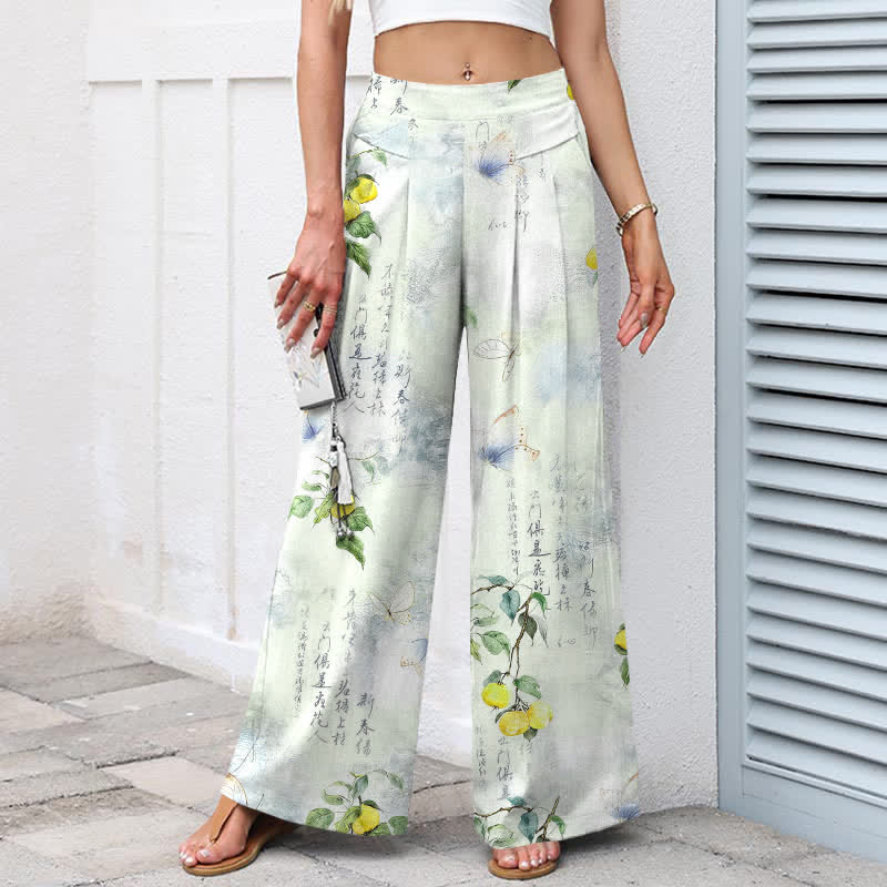 Buddha Stones Cotton Linen Vintage Citrus Garden Butterfly Pattern Women's Elastic Waist Wide Leg Pants With Pockets - image 7