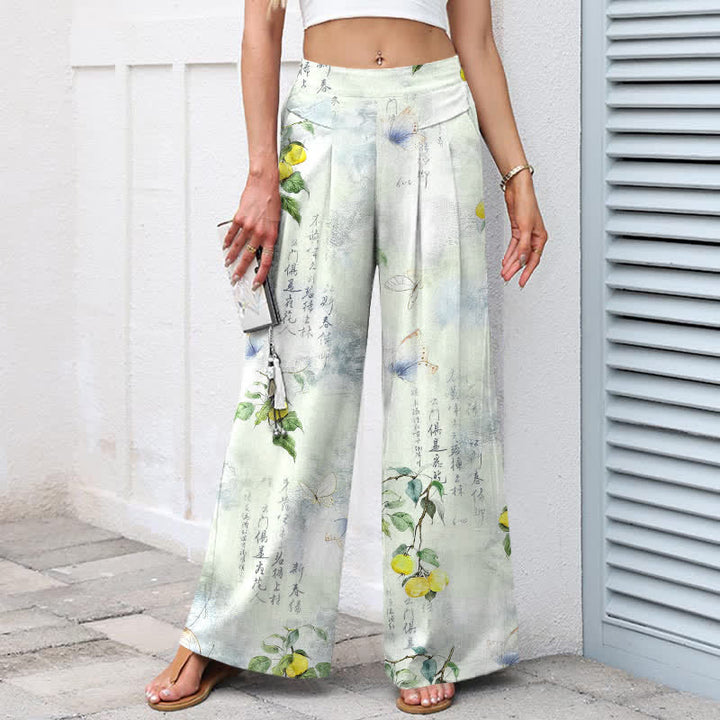 Buddha Stones Cotton Linen Vintage Citrus Garden Butterfly Pattern Women's Elastic Waist Wide Leg Pants With Pockets - image 7