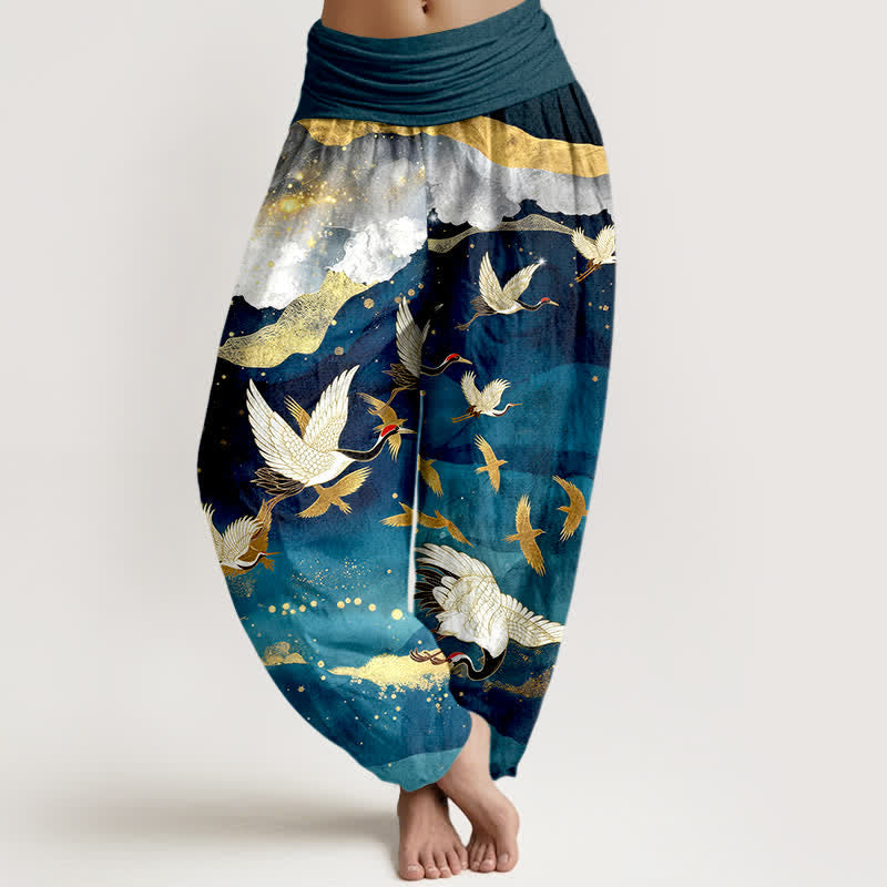 Buddha Stones Cotton Flying Crane Golden Cloud Pattern Women's Elastic Waist Harem Pants - Teal - US16，UK/AU20，EU48 (3XL) - image 0
