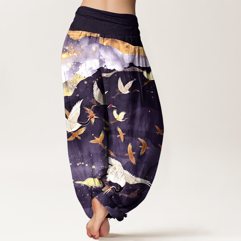 Buddha Stones Cotton Flying Crane Golden Cloud Pattern Women's Elastic Waist Harem Pants - image 10