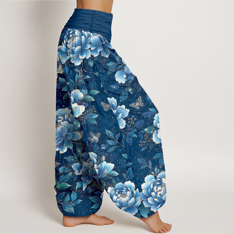 Buddha Stones Cotton Peony Butterfly Pattern Women's Elastic Waist Harem Pants - image 1