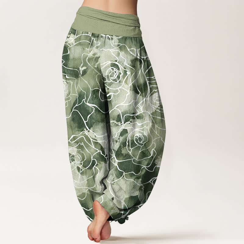 Buddha Stones Cotton White Outline Rose Pattern Women's Elastic Waist Harem Pants - image 2