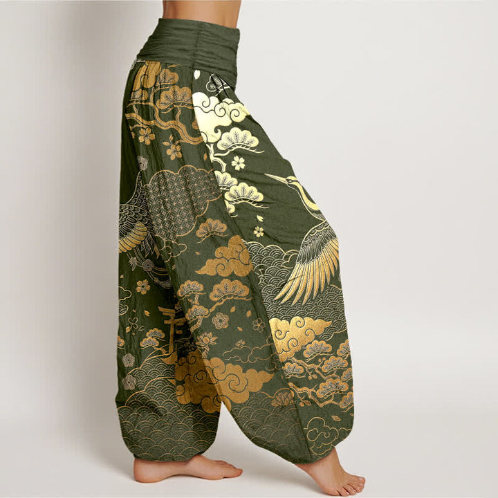 Buddha Stones Cotton Golden Crane Cloud Pattern Women's Elastic Waist Harem Pants - image 9