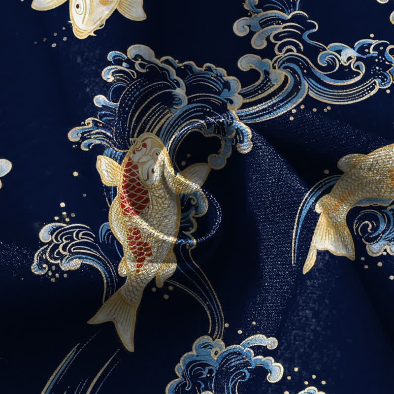Buddha Stones Pure Cotton Vintage Koi Wave Pattern Frog Button Women's Elastic Waist Harem Pants With Pockets - image 4