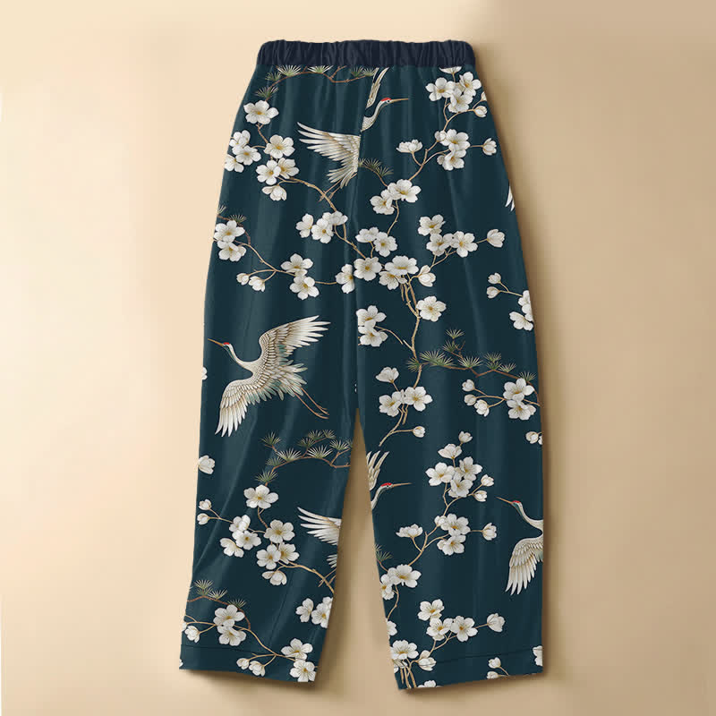 Buddha Stones Pure Cotton Vintage Crane Blossom Pattern Frog Button Women's Elastic Waist Harem Pants With Pockets - image 6