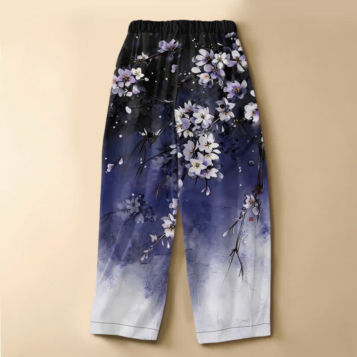 Buddha Stones Pure Cotton Ombre Sakura Blossom Pattern Frog Button Women's Elastic Waist Harem Pants With Pockets - image 1