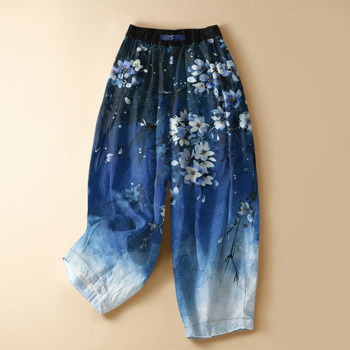 Buddha Stones Pure Cotton Ombre Sakura Blossom Pattern Frog Button Women's Elastic Waist Harem Pants With Pockets - Blue - US16，UK/AU20，EU48 (3XL) - image 5