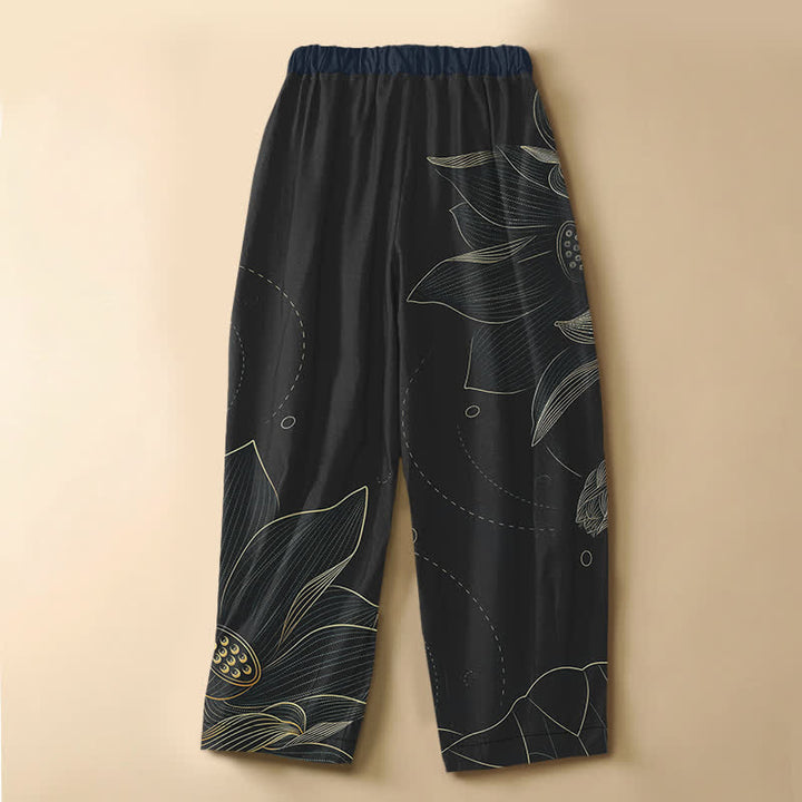 Buddha Stones Pure Cotton Vintage Lotus Line Art Pattern Frog Button Women's Elastic Waist Harem Pants With Pockets - image 8