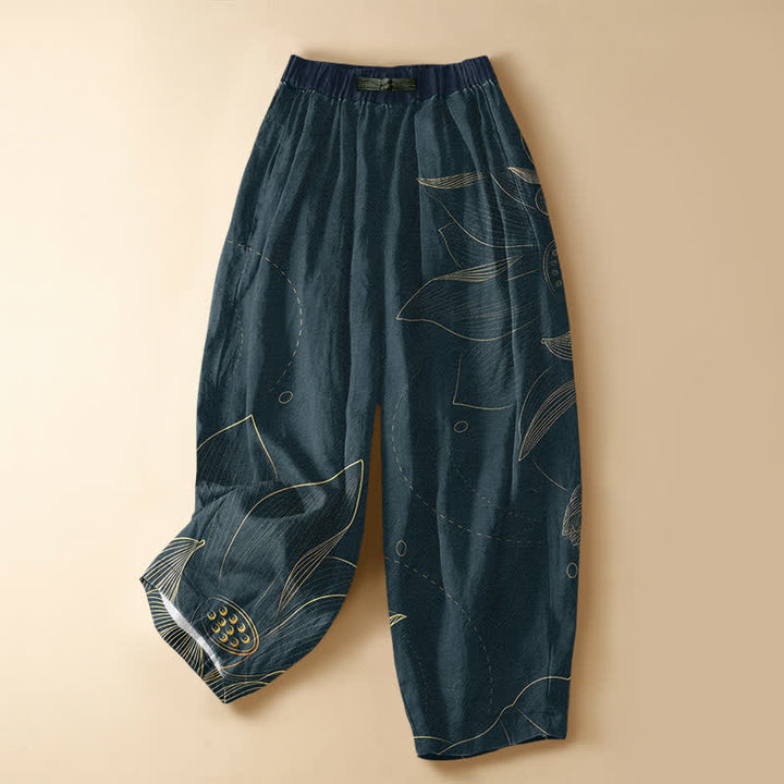 Buddha Stones Pure Cotton Vintage Lotus Line Art Pattern Frog Button Women's Elastic Waist Harem Pants With Pockets - Teal - US16，UK/AU20，EU48 (3XL) - image 0