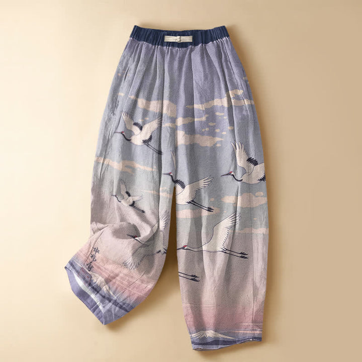 Buddha Stones Pure Cotton Ink Crane Landscape Pattern Frog Button Women's Elastic Waist Harem Pants With Pockets - MediumPurple - US16，UK/AU20，EU48 (3XL) - image 5