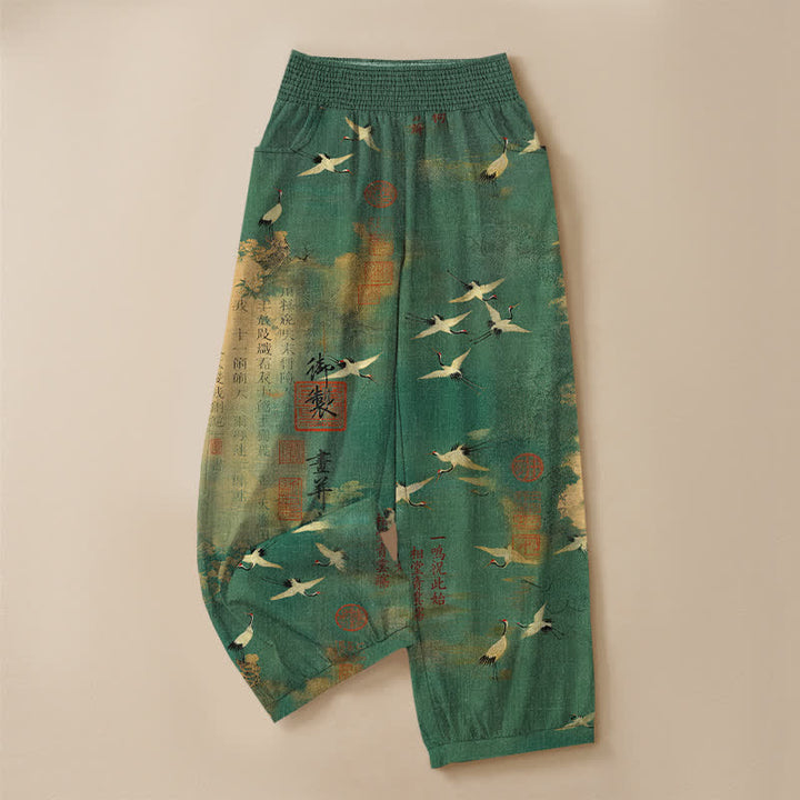 Buddha Stones Cotton Oriental Crane Calligraphy Pattern Pleated Elastic Waist Women's Harem Pants With Pockets - image 3