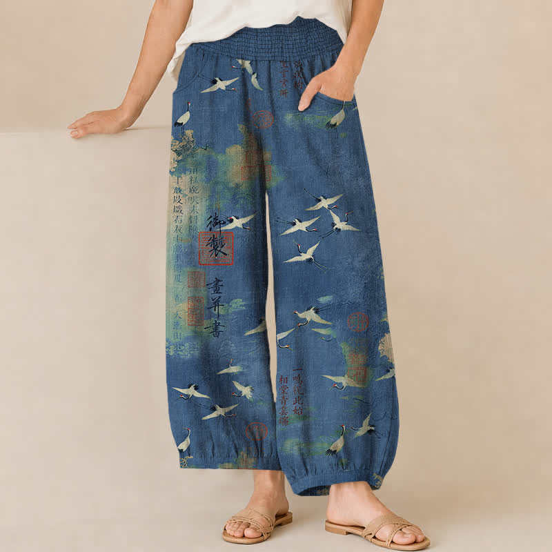 Buddha Stones Cotton Oriental Crane Calligraphy Pattern Pleated Elastic Waist Women's Harem Pants With Pockets - SteelBlue - US16，UK/AU20，EU48 (3XL) - image 6