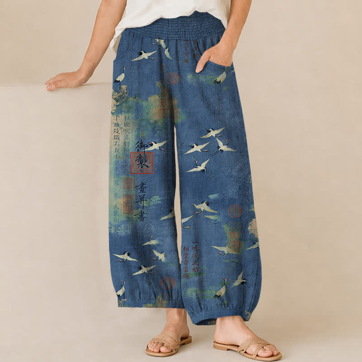 Buddha Stones Cotton Oriental Crane Calligraphy Pattern Pleated Elastic Waist Women's Harem Pants With Pockets - SteelBlue - US16，UK/AU20，EU48 (3XL) - image 6