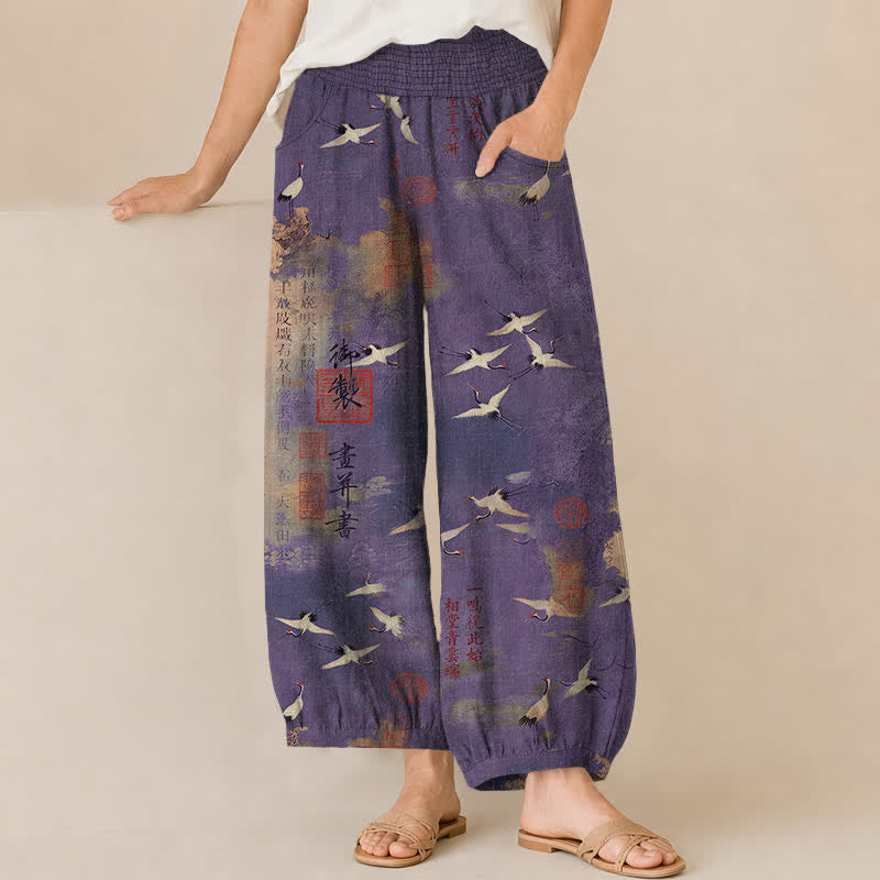 Buddha Stones Cotton Oriental Crane Calligraphy Pattern Pleated Elastic Waist Women's Harem Pants With Pockets - Purple - US16，UK/AU20，EU48 (3XL) - image 10