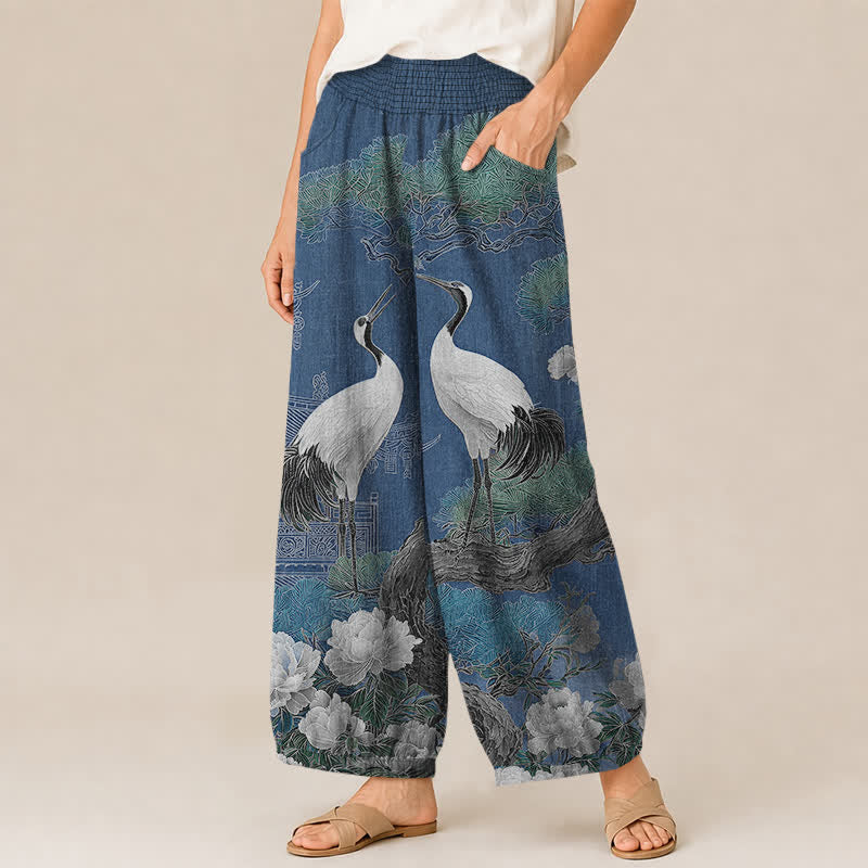 Buddha Stones Cotton Oriental Crane White Blossom Pattern Pleated Elastic Waist Women's Harem Pants With Pockets - image 1