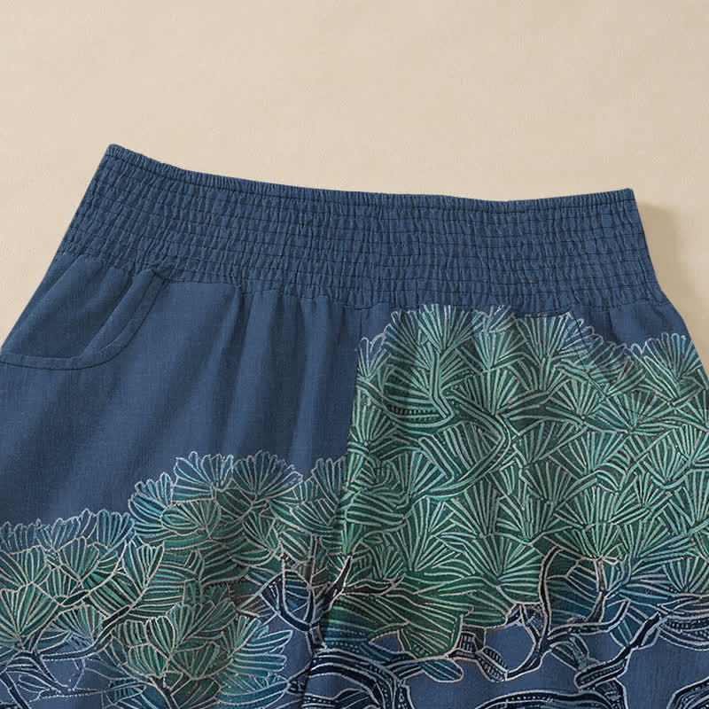 Buddha Stones Cotton Oriental Crane White Blossom Pattern Pleated Elastic Waist Women's Harem Pants With Pockets - image 4
