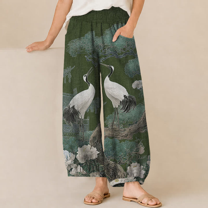 Buddha Stones Cotton Oriental Crane White Blossom Pattern Pleated Elastic Waist Women's Harem Pants With Pockets - DarkGreen - US16，UK/AU20，EU48 (3XL) - image 6