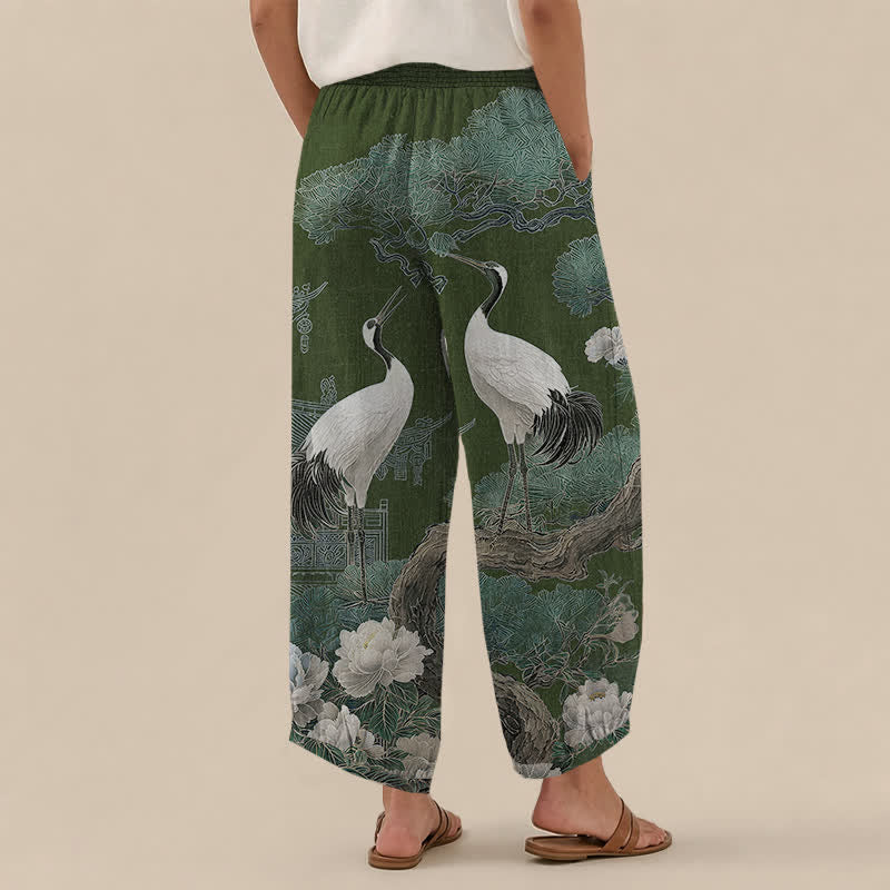 Buddha Stones Cotton Oriental Crane White Blossom Pattern Pleated Elastic Waist Women's Harem Pants With Pockets - image 8