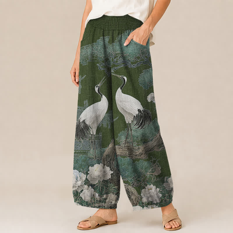 Buddha Stones Cotton Oriental Crane White Blossom Pattern Pleated Elastic Waist Women's Harem Pants With Pockets - image 7