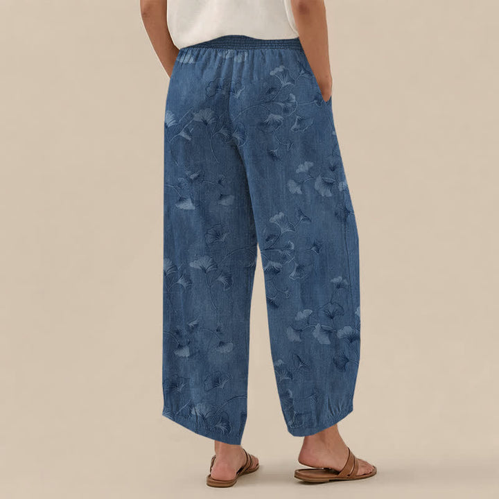 Buddha Stones Cotton Ginkgo Leaves Pattern Pleated Elastic Waist Women's Harem Pants With Pockets - image 2