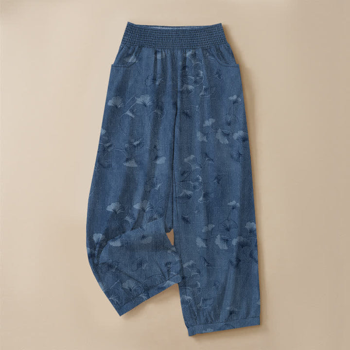 Buddha Stones Cotton Ginkgo Leaves Pattern Pleated Elastic Waist Women's Harem Pants With Pockets - image 3