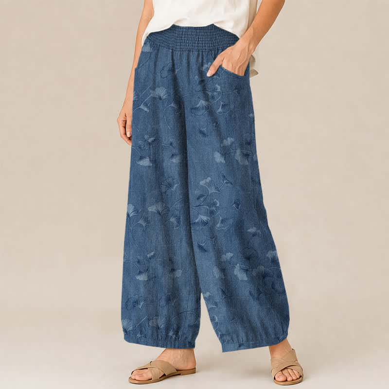 Buddha Stones Cotton Ginkgo Leaves Pattern Pleated Elastic Waist Women's Harem Pants With Pockets - image 1