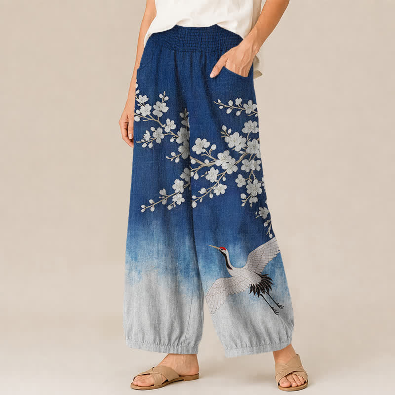 Buddha Stones Cotton Oriental Crane Plum Blossom Pattern Pleated Elastic Waist Women's Harem Pants With Pockets - image 1